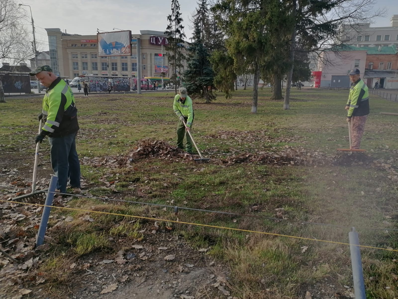 Очистка газонов от опавших листьев, мусора по ул. Чехова