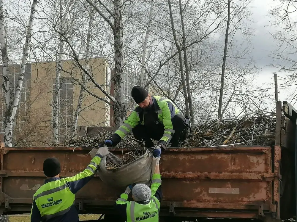 Уборка листвы на газоне в сквере Дружбы, погрузка и вывоз