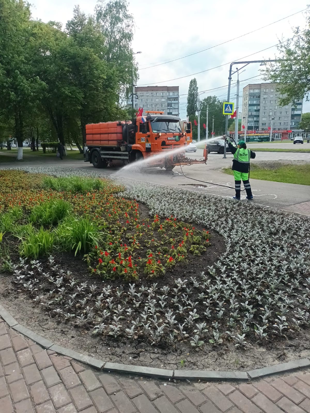 Полив цветника в сквере Пионерский