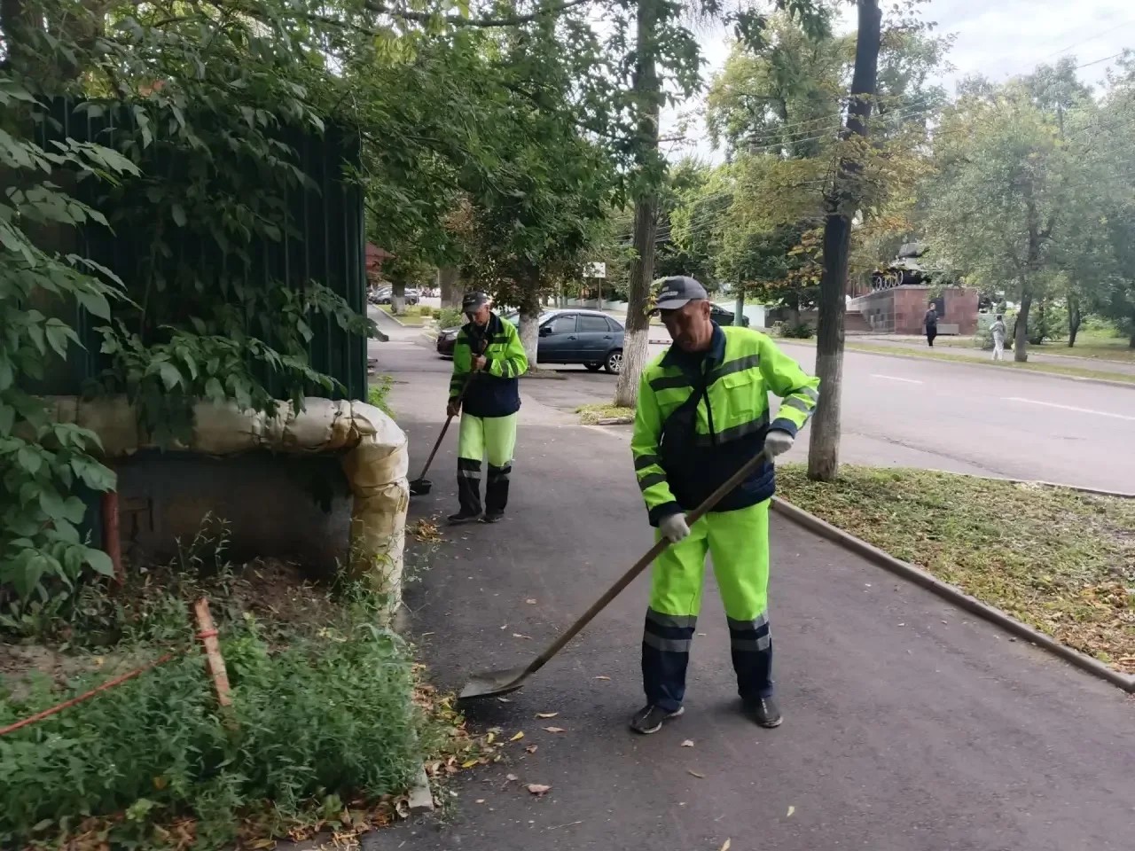 Вырезка поросли у деревьев,  ручная уборка тротуара по ул. Красная